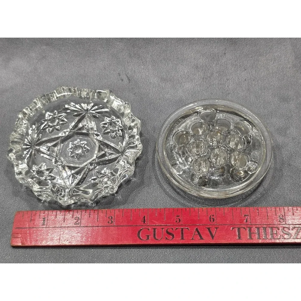 Vintage Clear Pressed Glass Flower Frog and Bowl Set Starburst Pattern 2 Piece